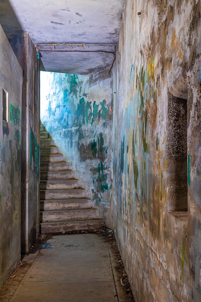USA, Washington, Port Townsend, Fort Worden State Park. Corridor and stairway in old gun battery.